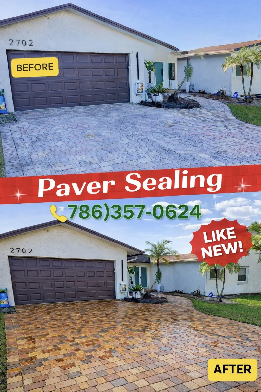 Residential driveway paver sealing before and after — Miami Dade