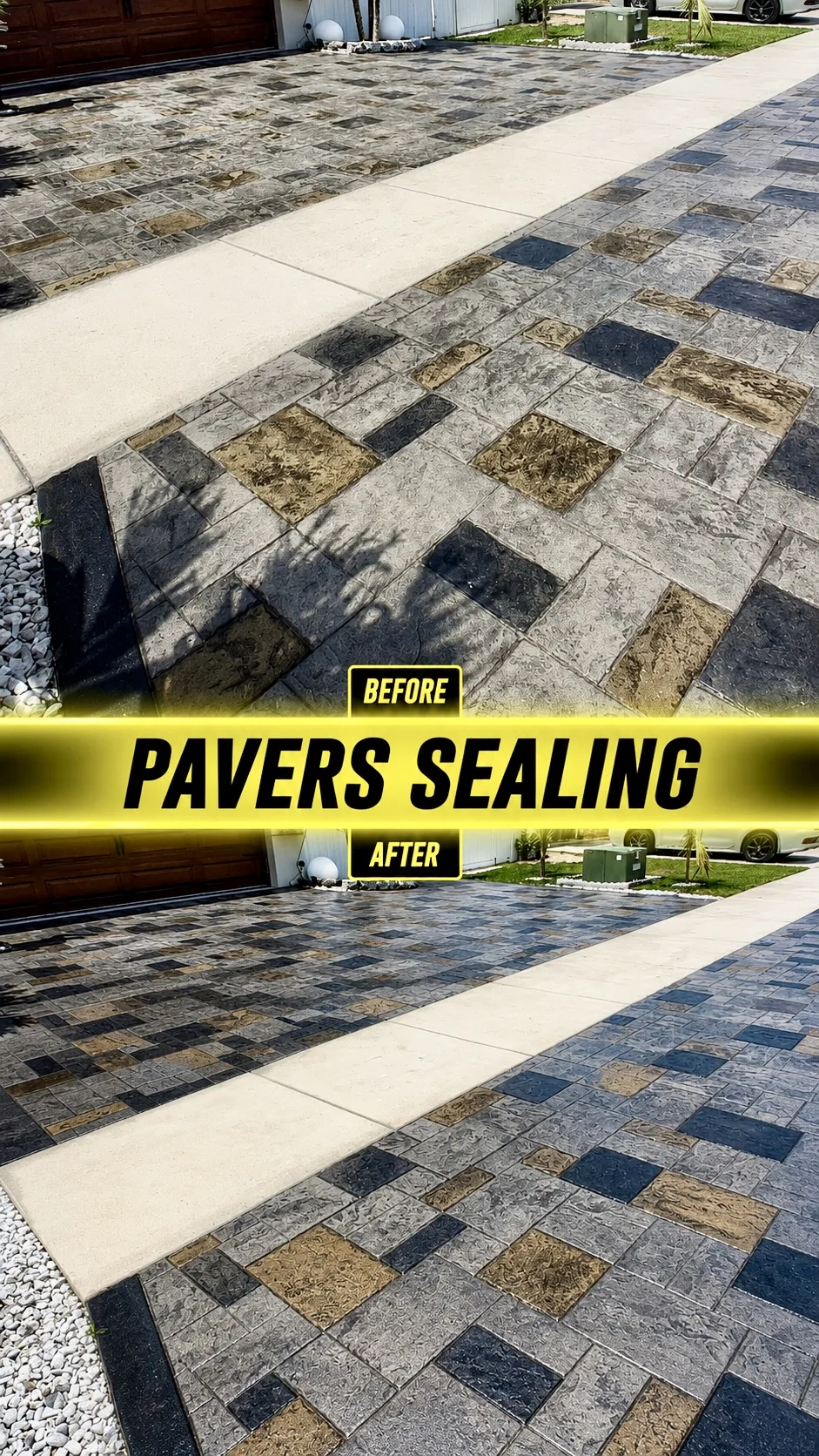 Stone driveway paver sealing before and after — South Florida