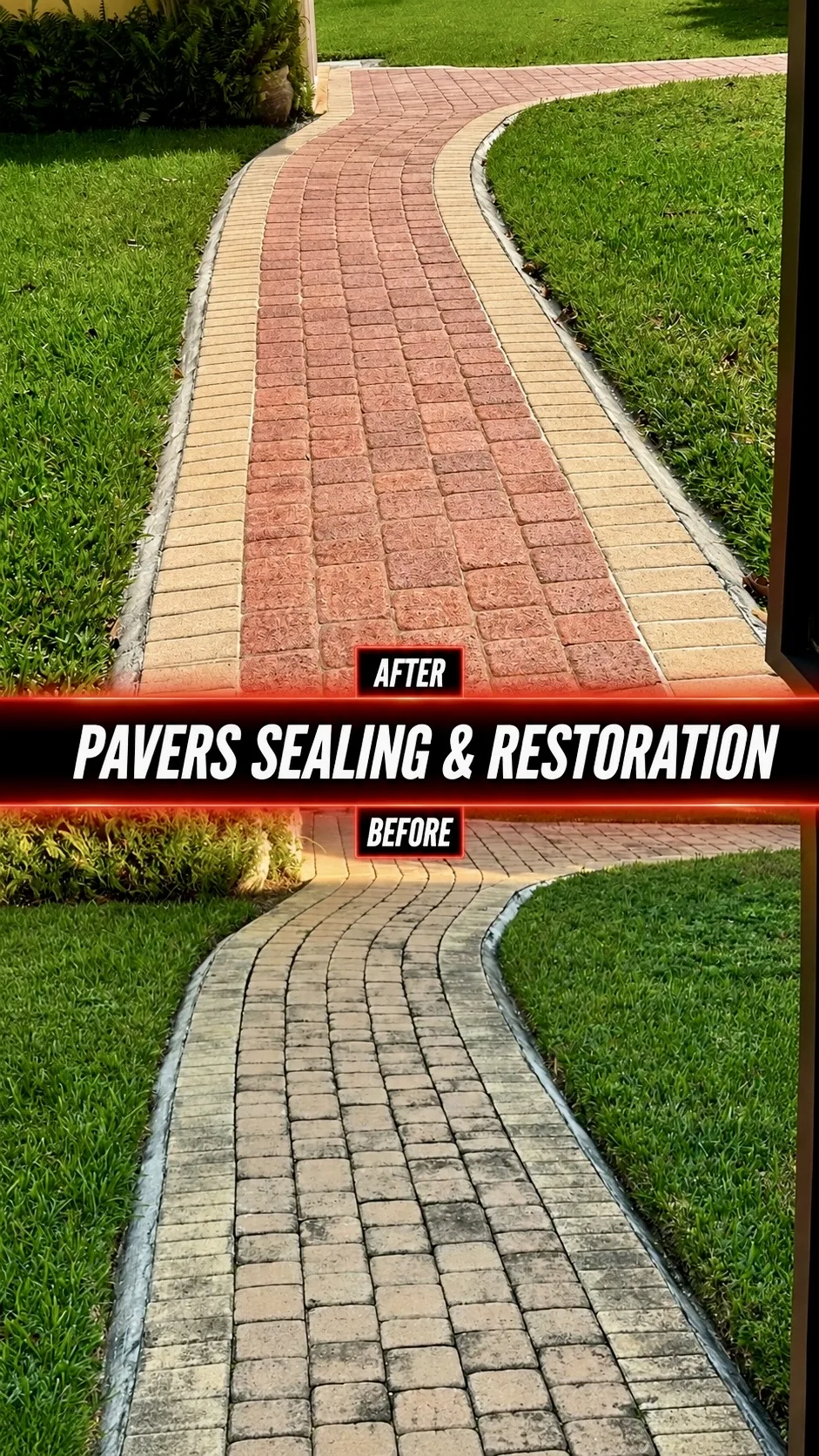 Paver sealing and restoration — walkway before and after, Miami