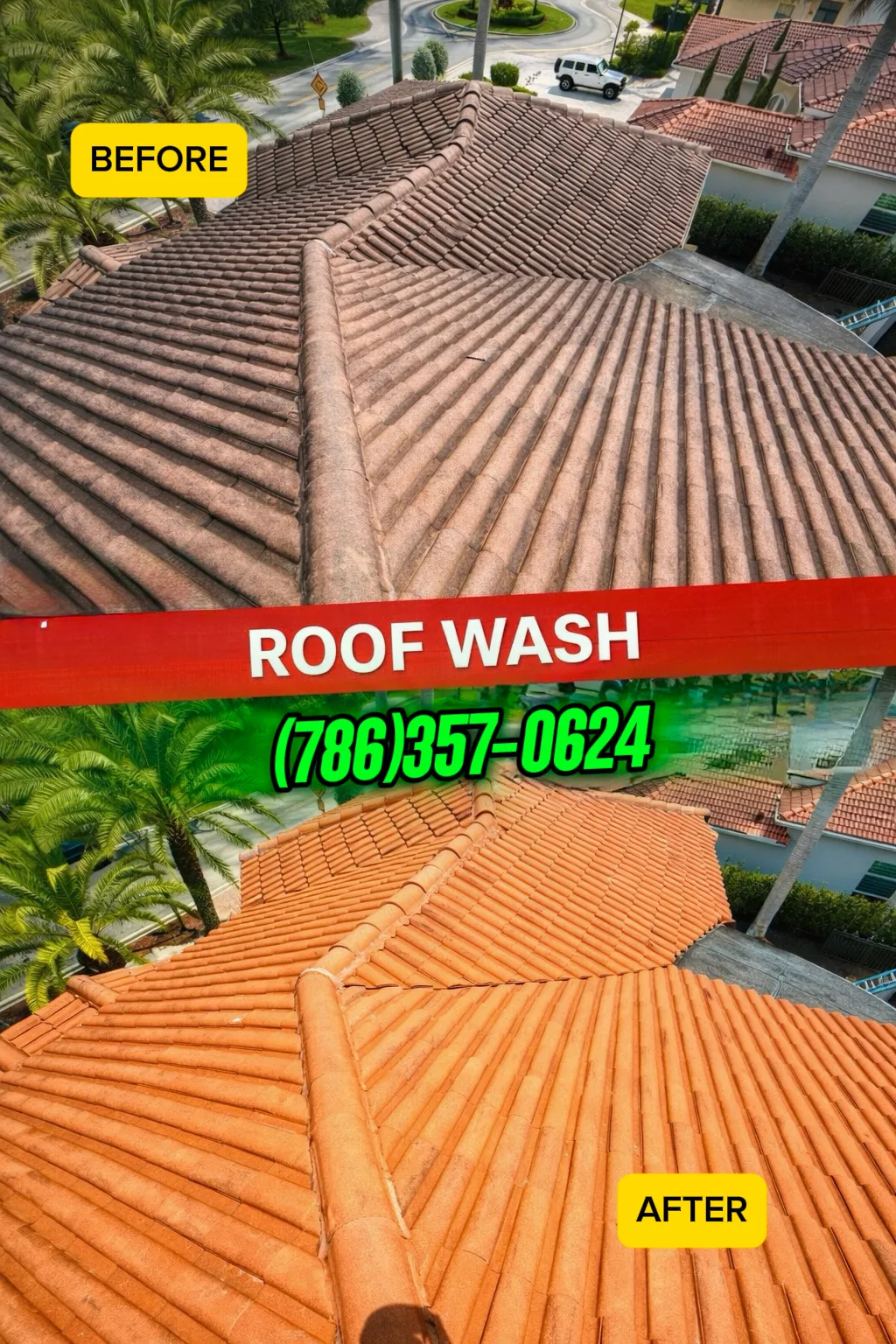 Aerial view roof wash before and after — Miami tile roof