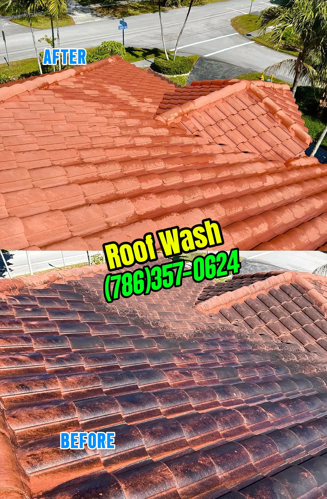 Aerial roof cleaning before and after — South Florida