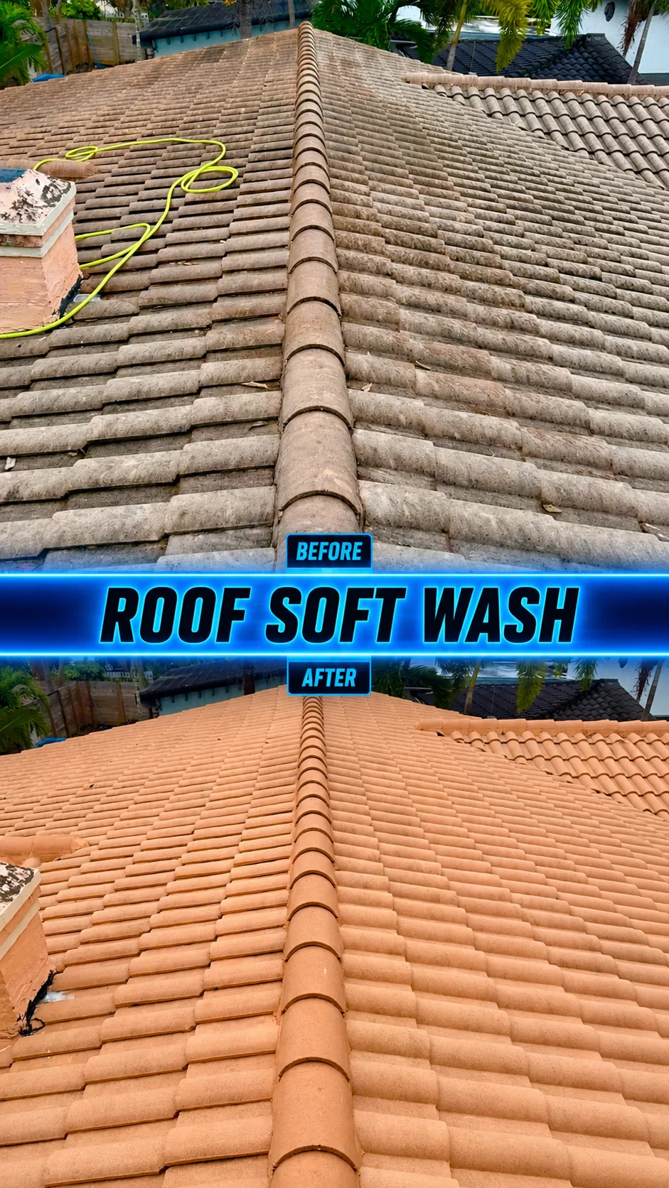 Clay tile roof soft wash cleaning before and after