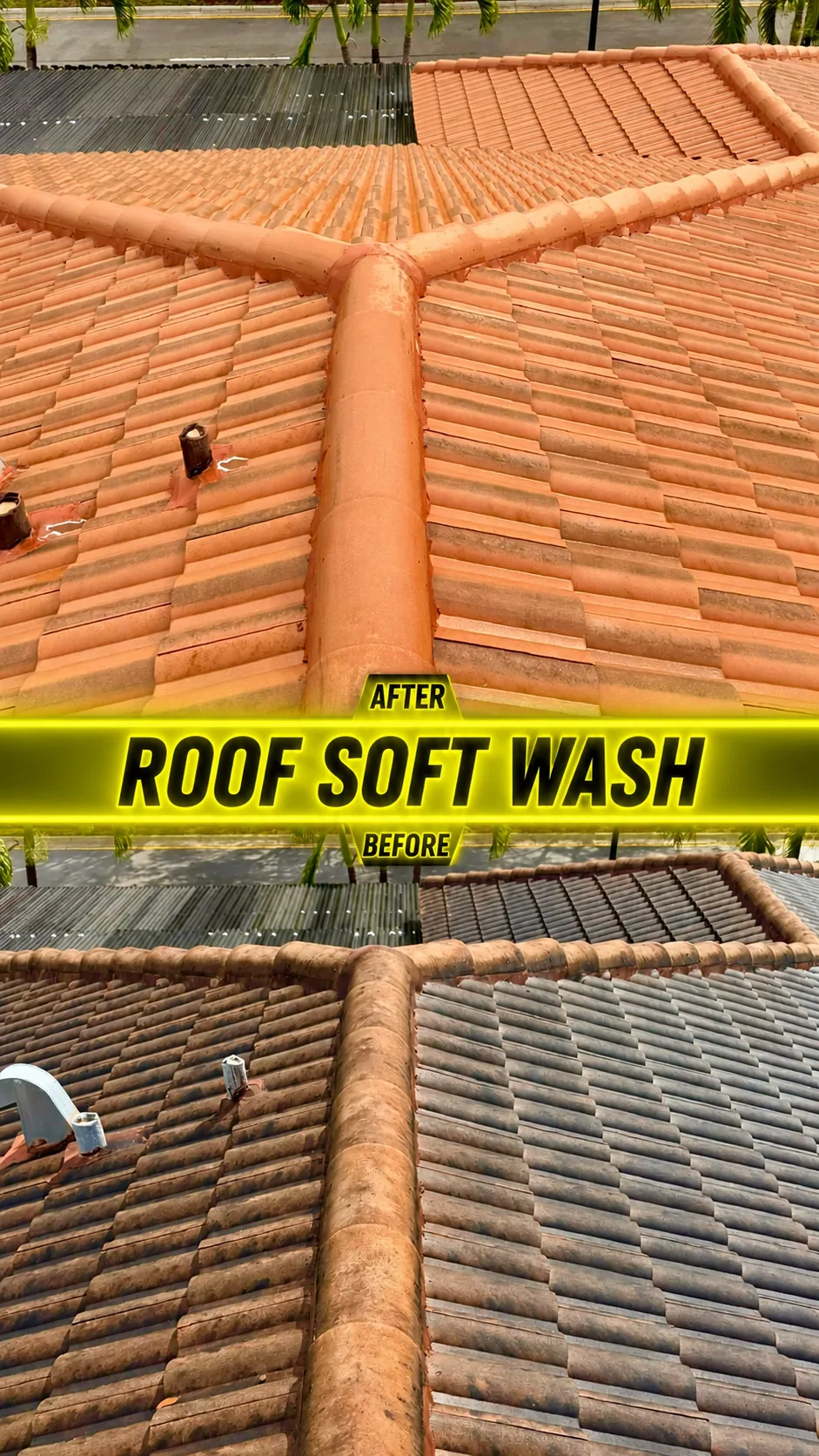 Orange tile roof soft wash before and after — Miami